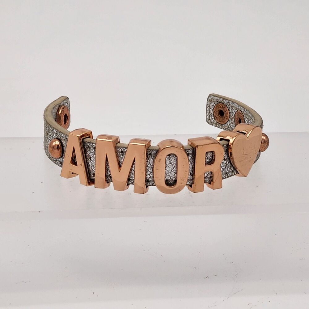 BCBGeneration Y2K Amor Love Heart Metallic Silver Leather Cuff Bracelet Bronze